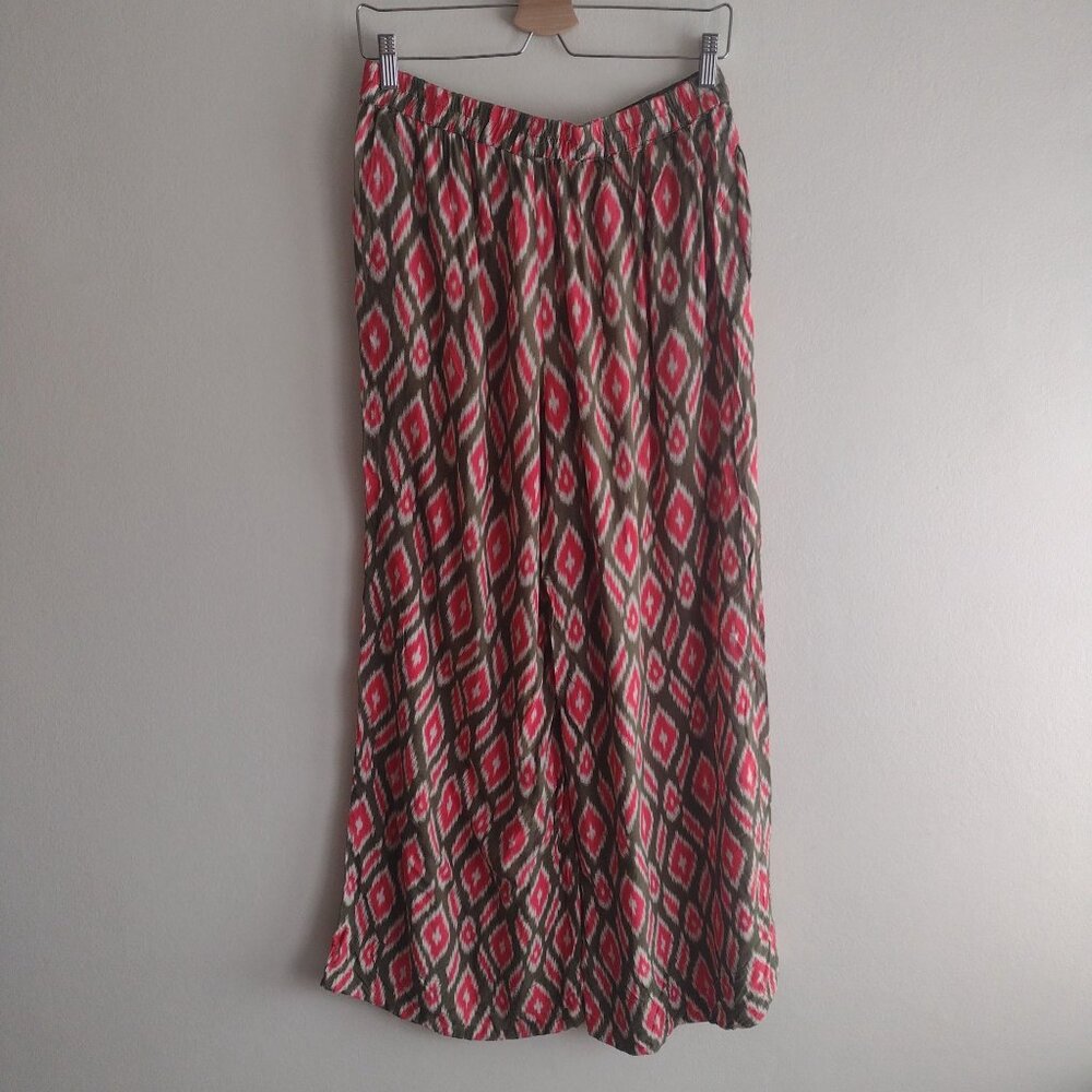 Anthropologie Lilka Wide-Leg Printed Pants M Red Olive Green Boho Ikat Casual - Picture 10 of 11